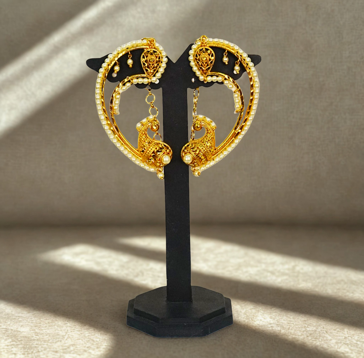 24K Gold-Plated - Pearl-Studded Peacock Full Kaan Earrings – Traditional Bengali Bridal Design