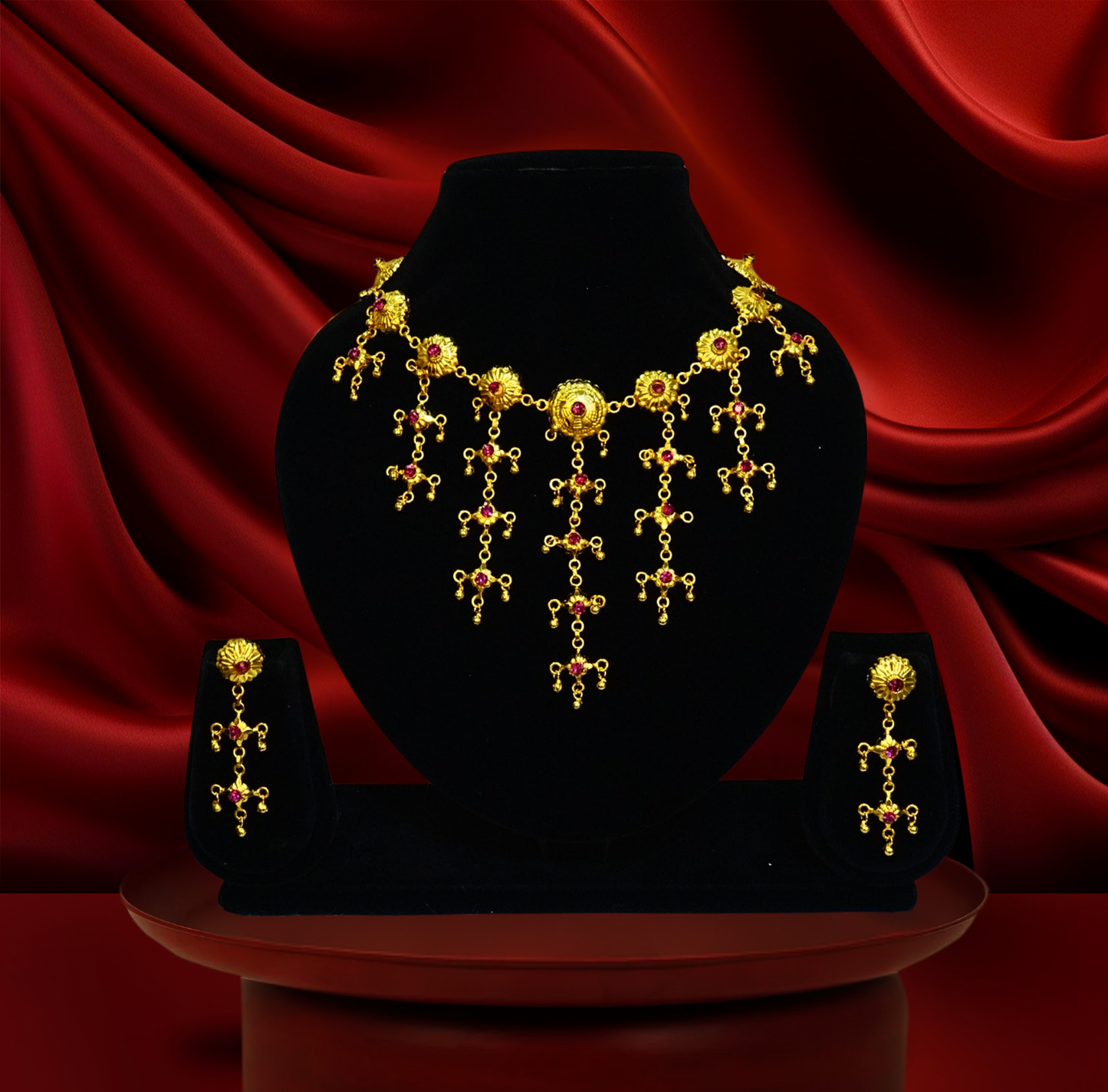 Traditional Sabeki Jhalor Necklace come Chokher Set – 24K Gold-Plated with Ruby Stone Detailing