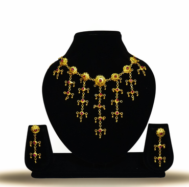 Traditional Sabeki Jhalor Necklace come Chokher Set – 24K Gold-Plated with Ruby Stone Detailing