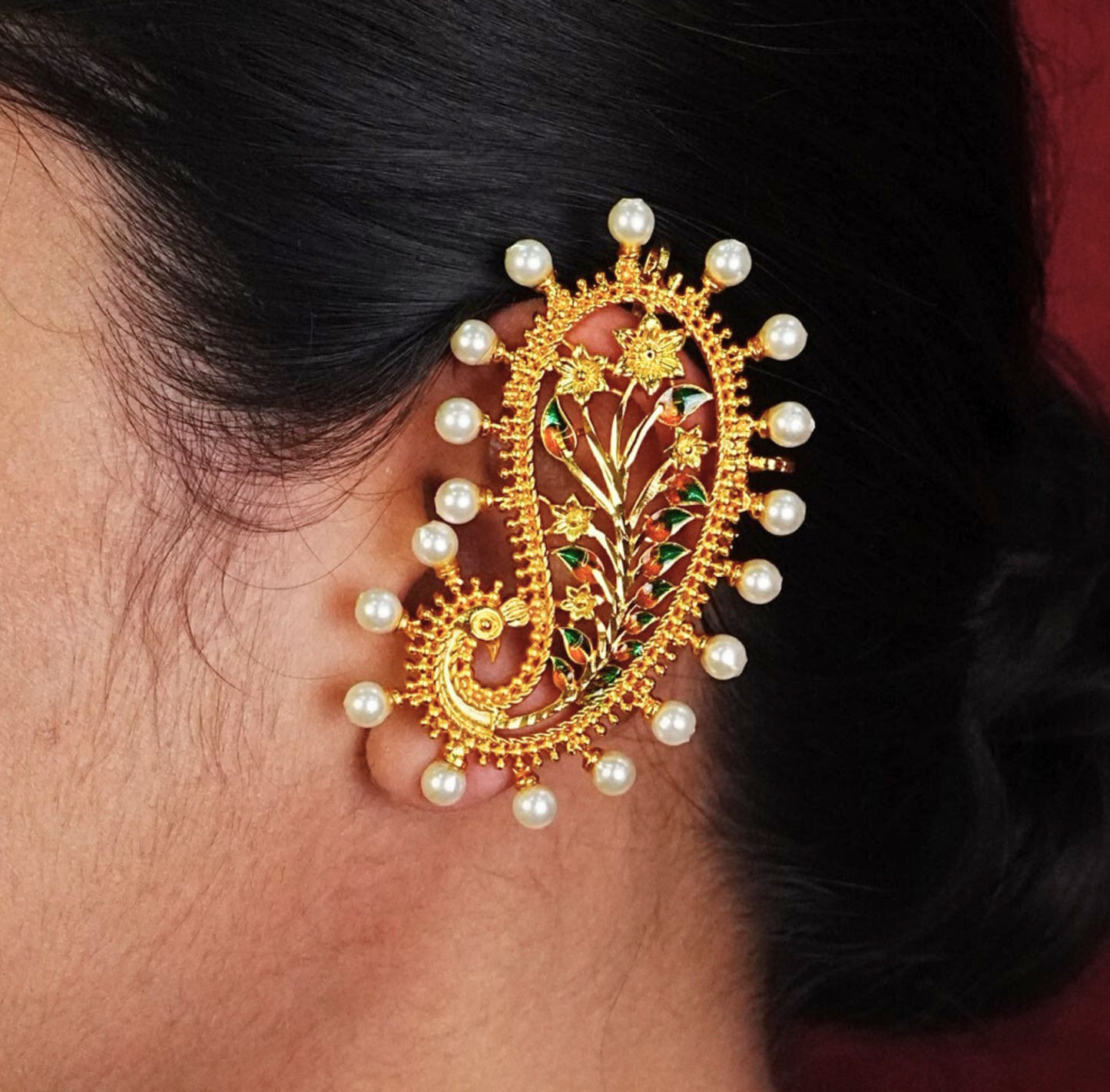 24K Gold-Plated - Paisley Pearl Full Kaan with Floral Meenakari Work