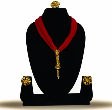 Regal Floral Barrel Pendant Combo Set – 24K Gold-Plated with Earrings & Adjustable FingerRing