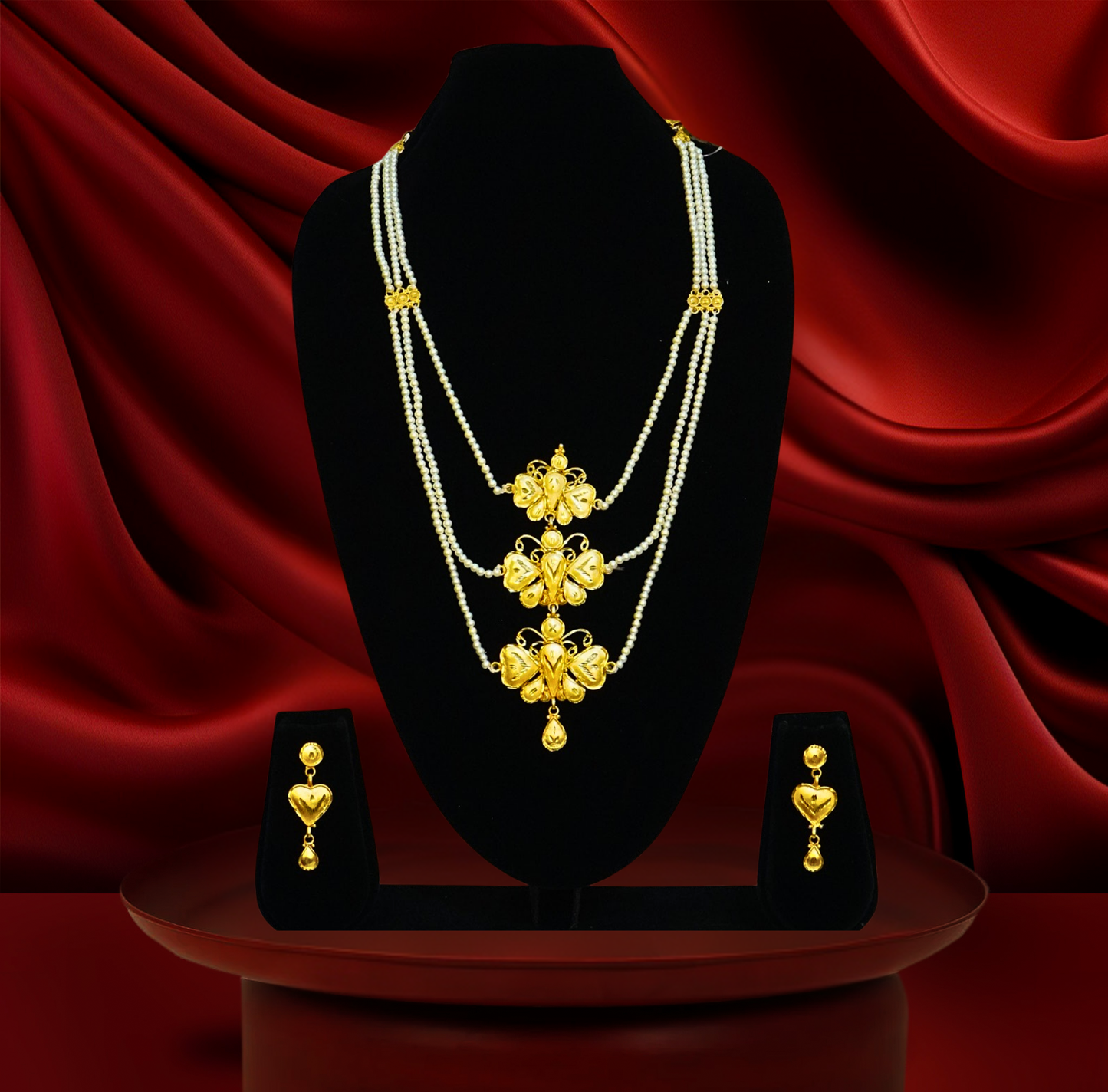 3-Layer Pearl Butterfly pattern Lohori Set – 24K Gold-Plated Bridal Jewellery with Earrings