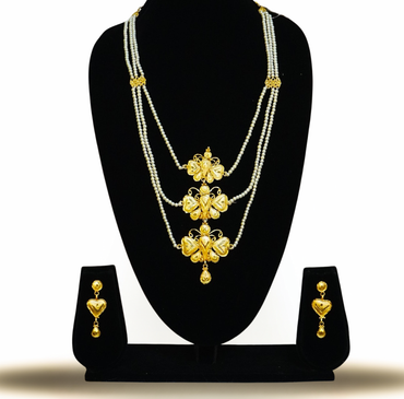 3-Layer Pearl Butterfly pattern Lohori Set – 24K Gold-Plated Bridal Jewellery with Earrings