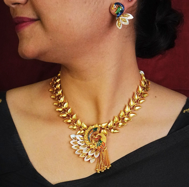 24K Gold Plated Peacock Shell Necklace Set – Traditional Ethnic Jewellery for Wedding & Festive Wear
