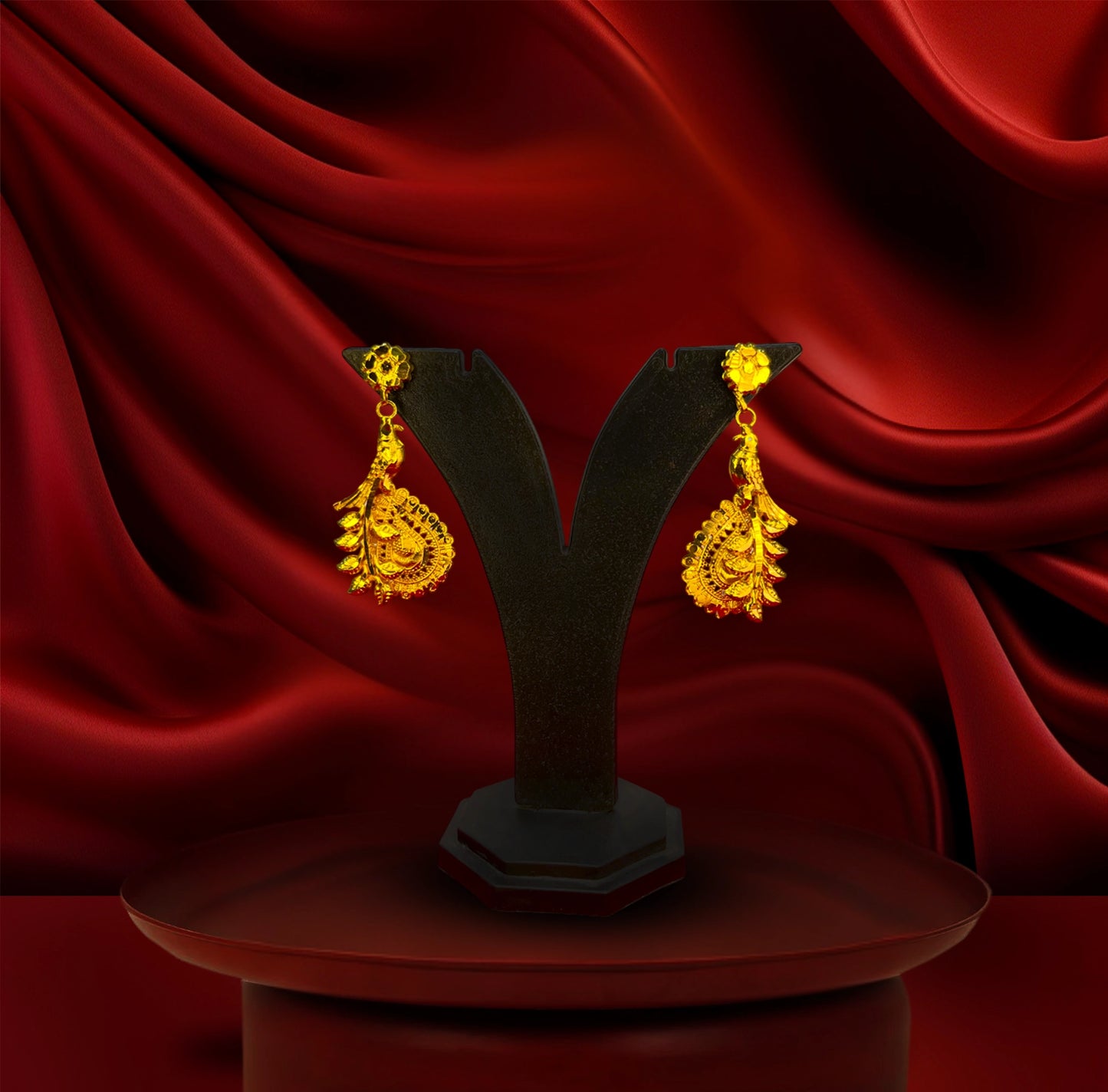 24K Gold-Plated - Peacock Bird Motif Pendant Necklace Set with Matching Earrings
