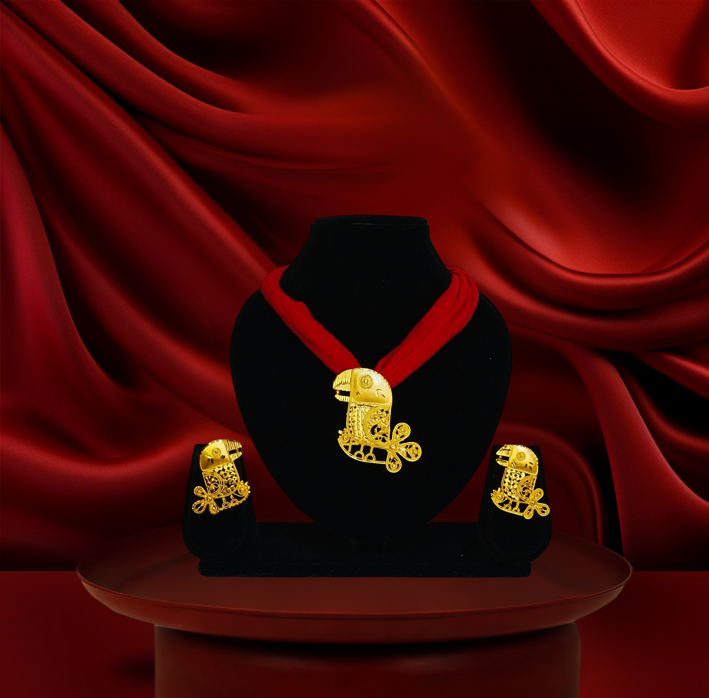 24K Gold-Plated Parrot Motif Pendant Set – Intricate Filigree Work with Floral Tail Detailing