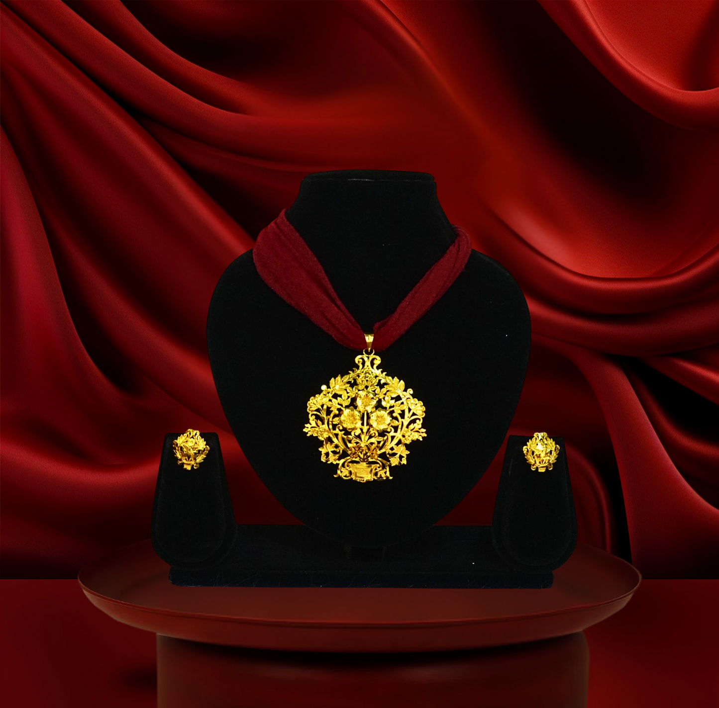 24K Gold-Plated Royal Floral Filigree Pendant Set – Intricate Handcrafted Jewelry for Ethnic Wear