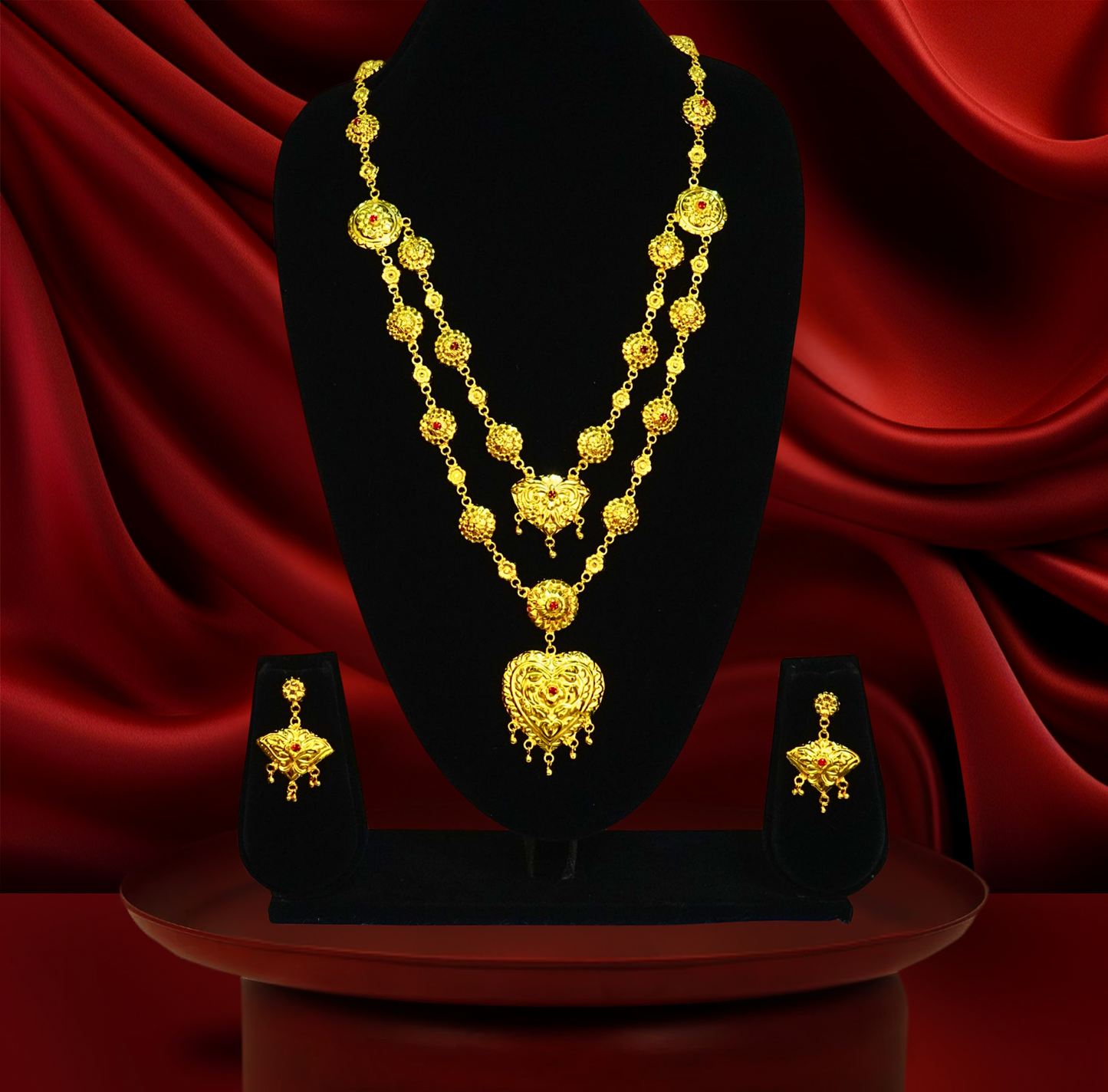 24K Gold-Plated Sabeki Double Layer Heart Motif Bridal Necklace Set – Red Stone Accents