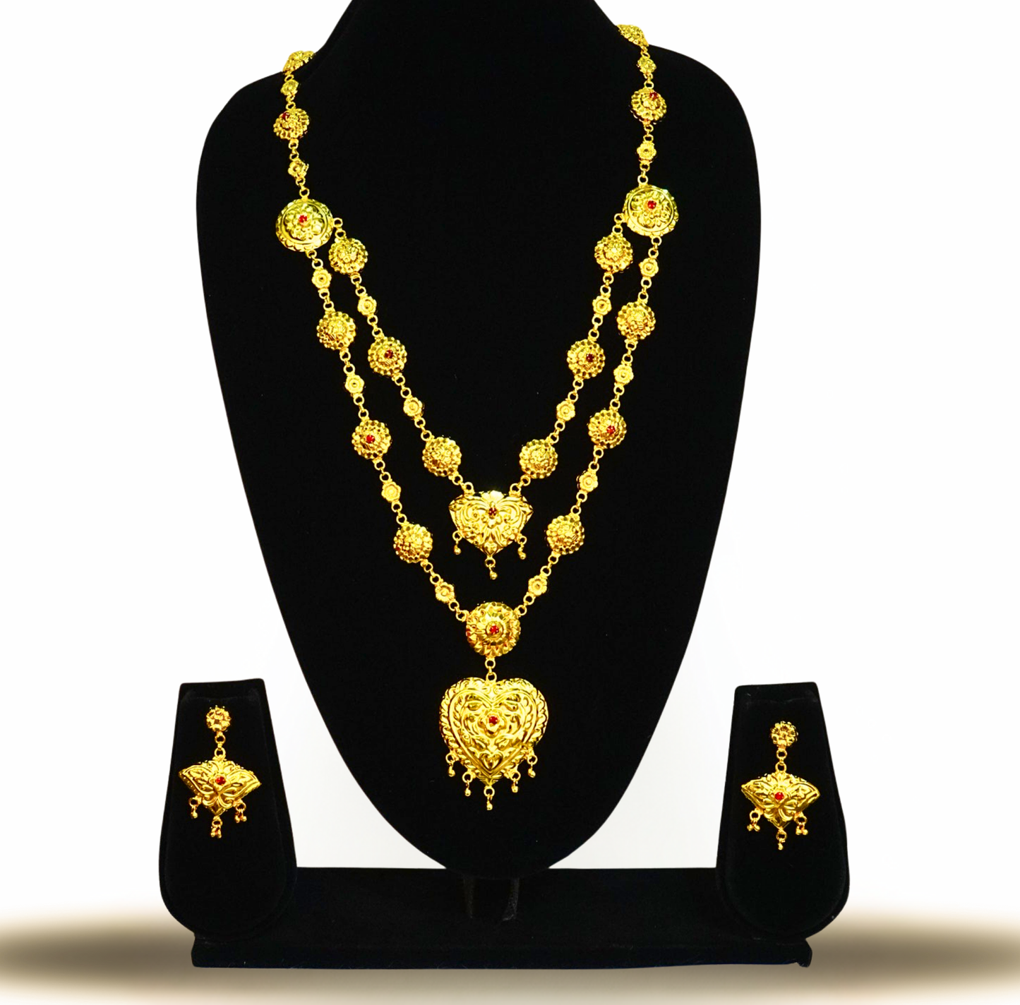 24K Gold-Plated Sabeki Double Layer Heart Motif Bridal Necklace Set – Red Stone Accents