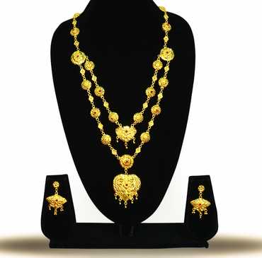 24K Gold-Plated Sabeki Double Layer Heart Motif Bridal Necklace Set – Red Stone Accents
