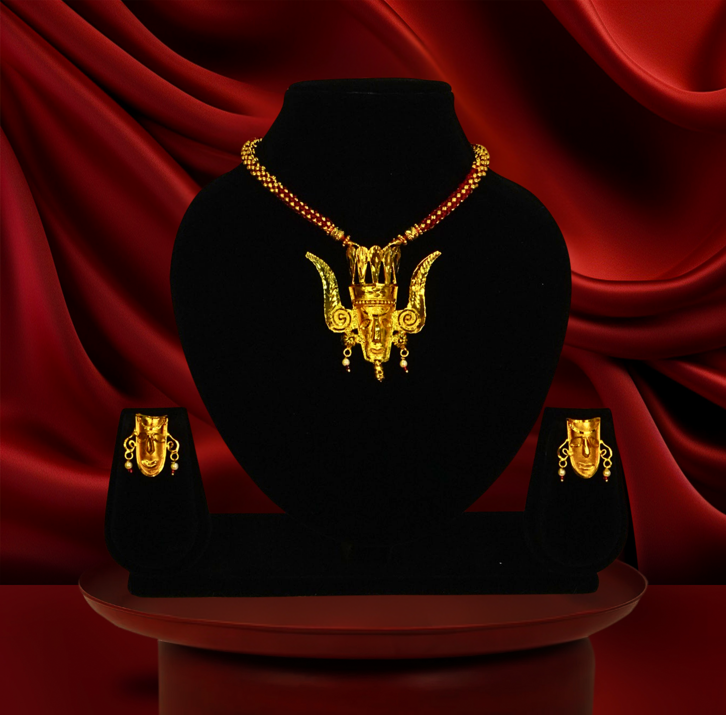 24K Gold-Plated Tribal Face Motif Pendant Set – Antique Ethnic Design with Horn Crown Detailing