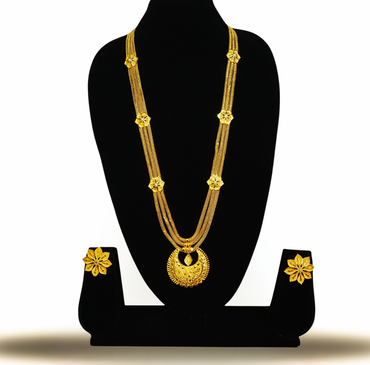 24K Gold-Plated Floral Layered Long Sitahar Set – Crescent Moon Pendant Design