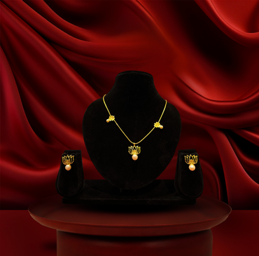 24K Gold-Plated - Ethnic Lotus Pearl Pendant Set with Earrings