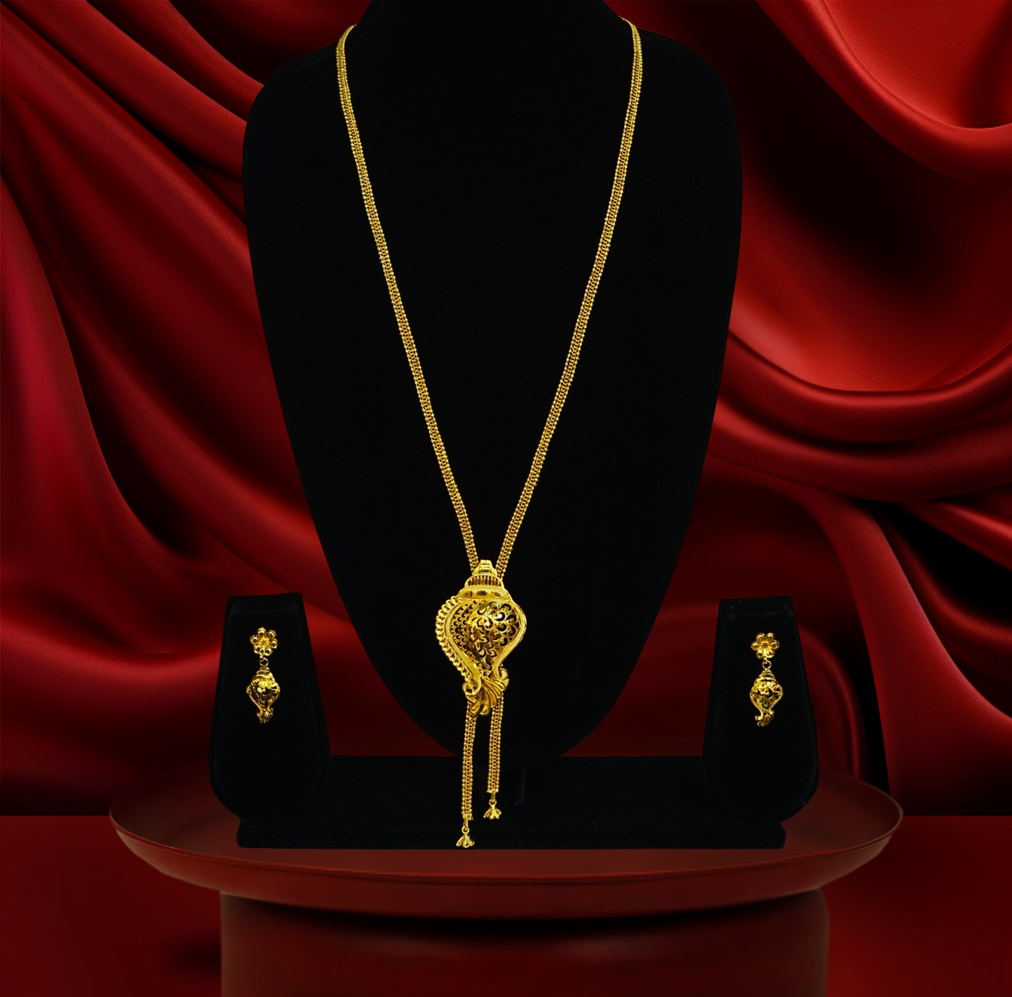 24K Gold-Plated Shankha Motif Tie Chain – Elegant Long Pendant Set
