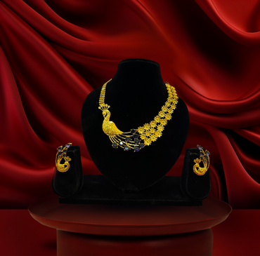 24K Gold-Plated - Peacock Floral Designer Necklace Set with Matching Earrings