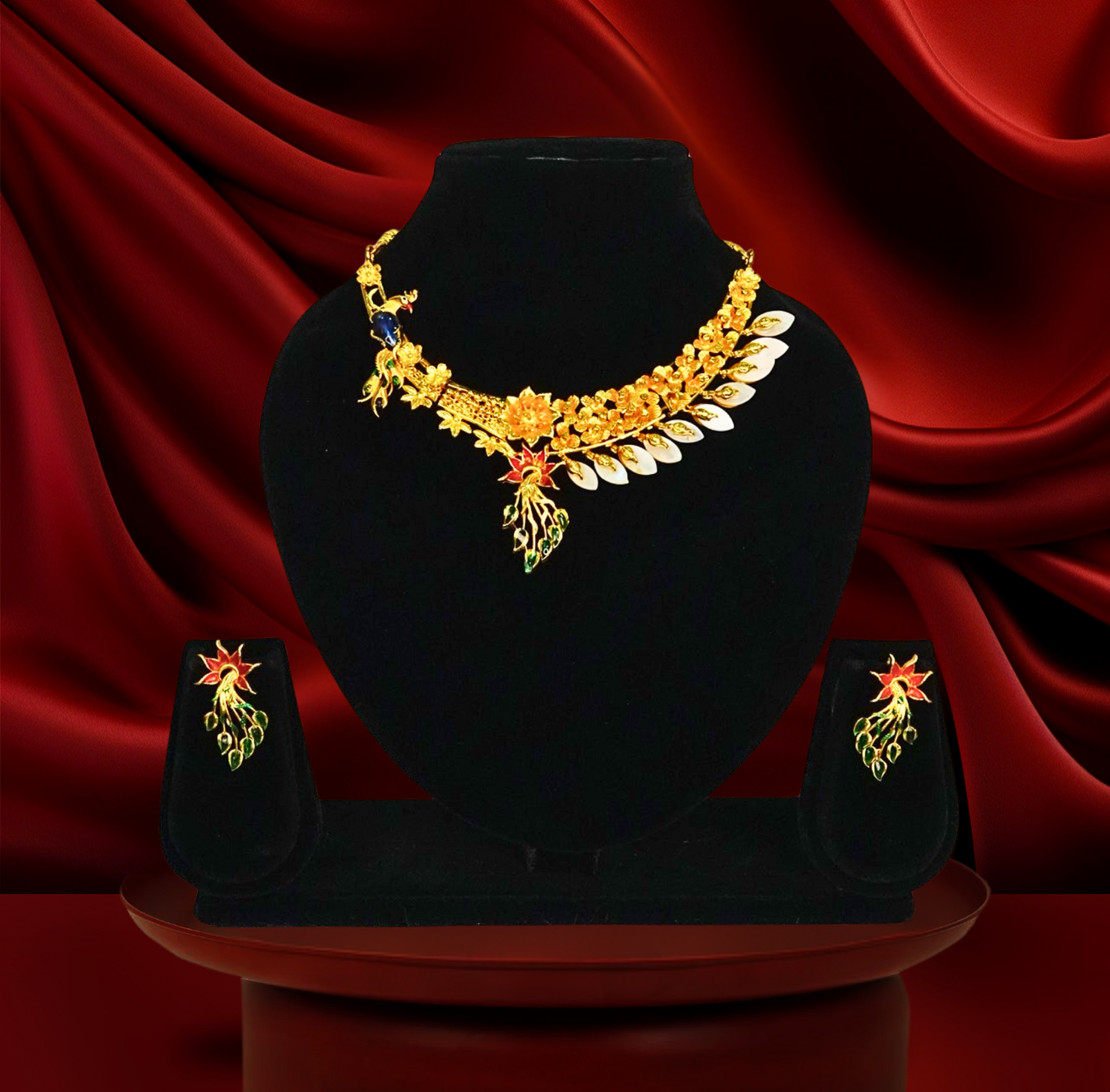 24K Gold-Plated Meenakari Floral Blaze Shell Necklace Set – Elegant Designer Jewellery with Earrings