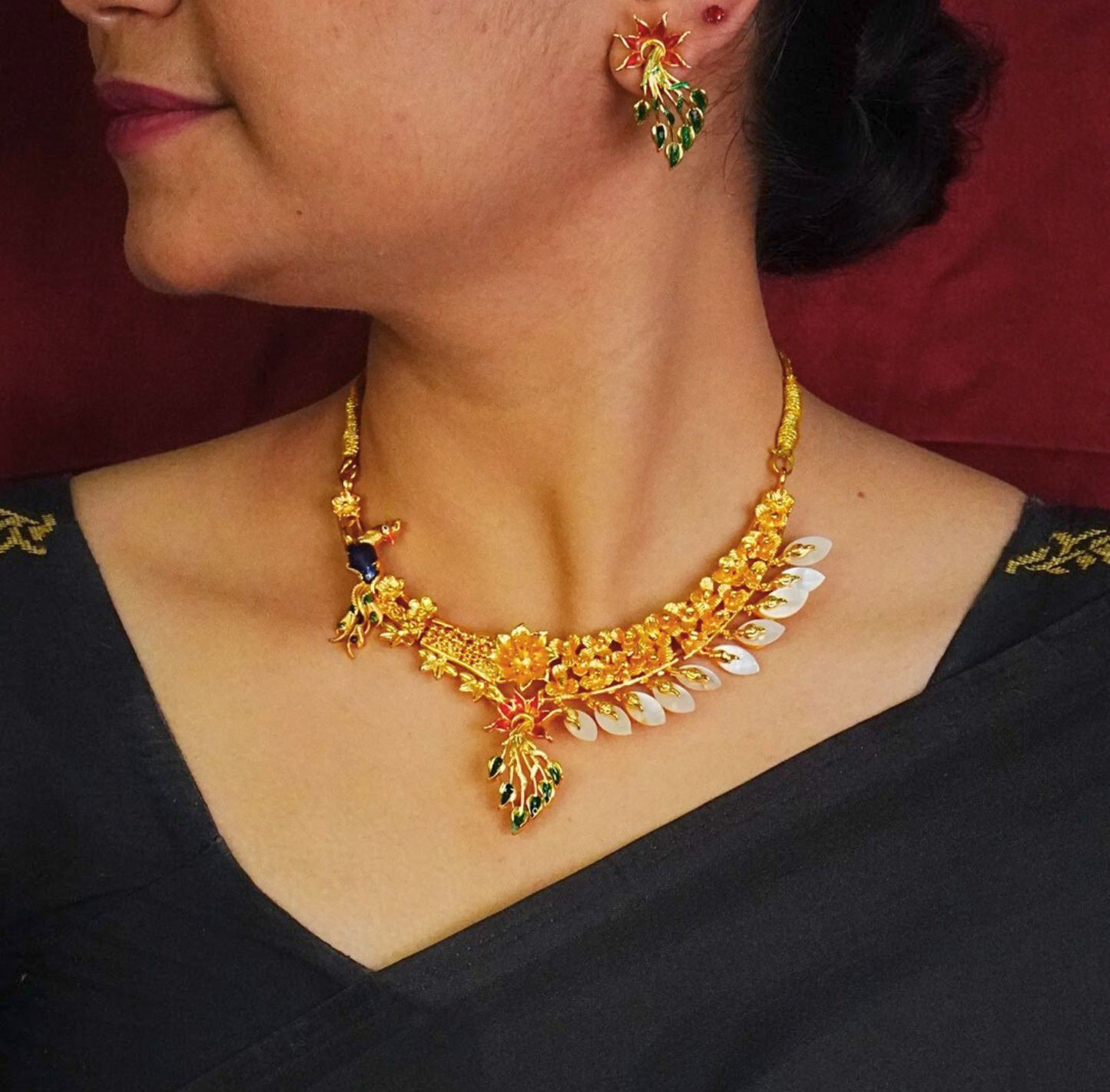 24K Gold-Plated Meenakari Floral Blaze Shell Necklace Set – Elegant Designer Jewellery with Earrings