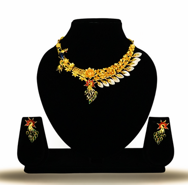 24K Gold-Plated Meenakari Floral Blaze Shell Necklace Set – Elegant Designer Jewellery with Earrings