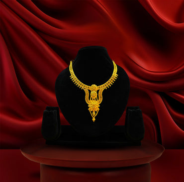 24K Gold-Plated - Traditional Drop Pendant Necklace Set with Intricate Handcrafted Detailing & Matching Earrings