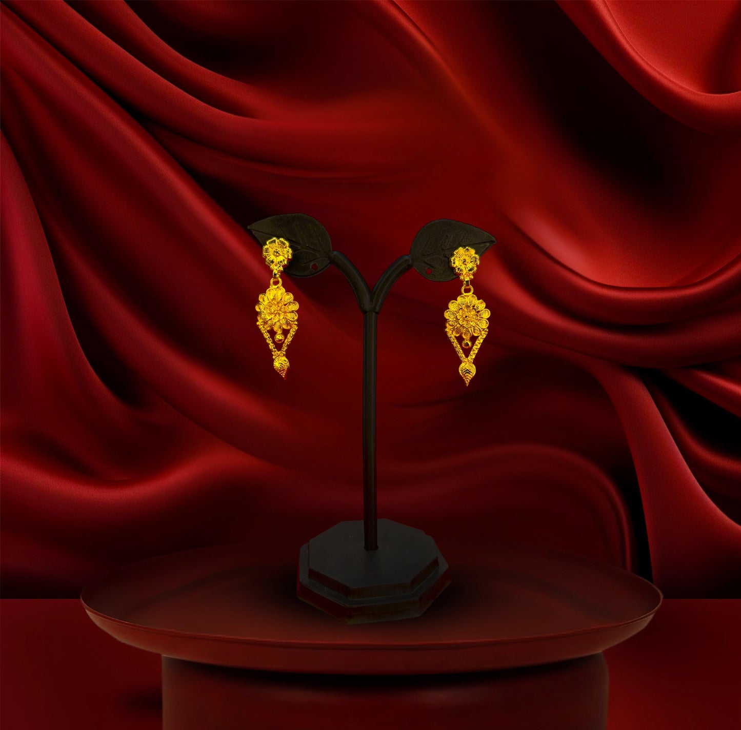 24K Gold-Plated - Traditional Drop Pendant Necklace Set with Intricate Handcrafted Detailing & Matching Earrings