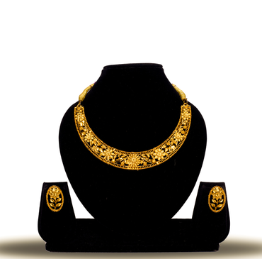 24K Gold-Plated Traditional Floral Leaf Choker Necklace Set with Earrings