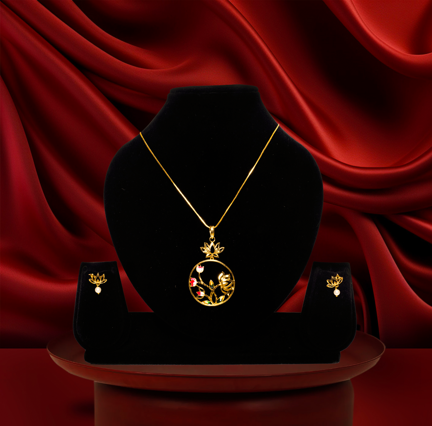 24K Gold-Plated Lotus Bloom Pendant Set with Earrings