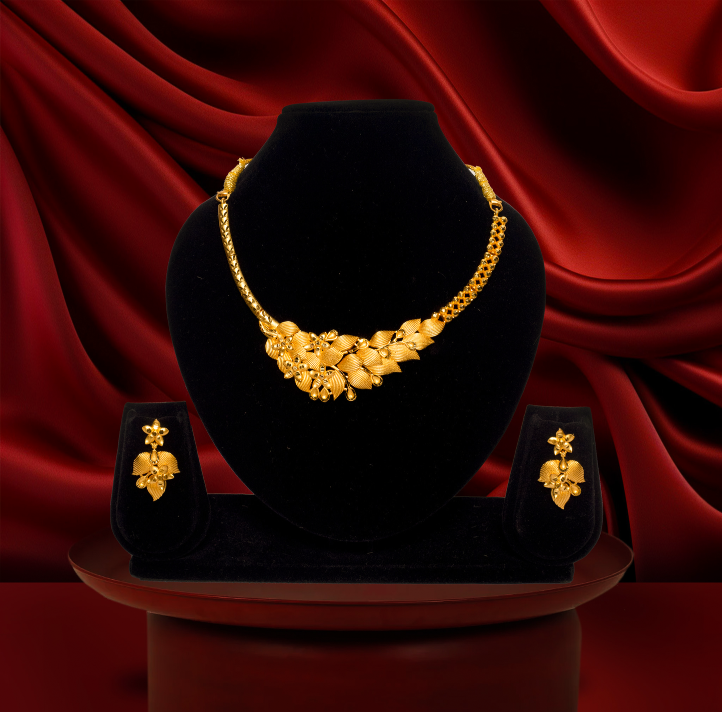 24K Gold-Plated Leaf Cluster Necklace Set with Earrings