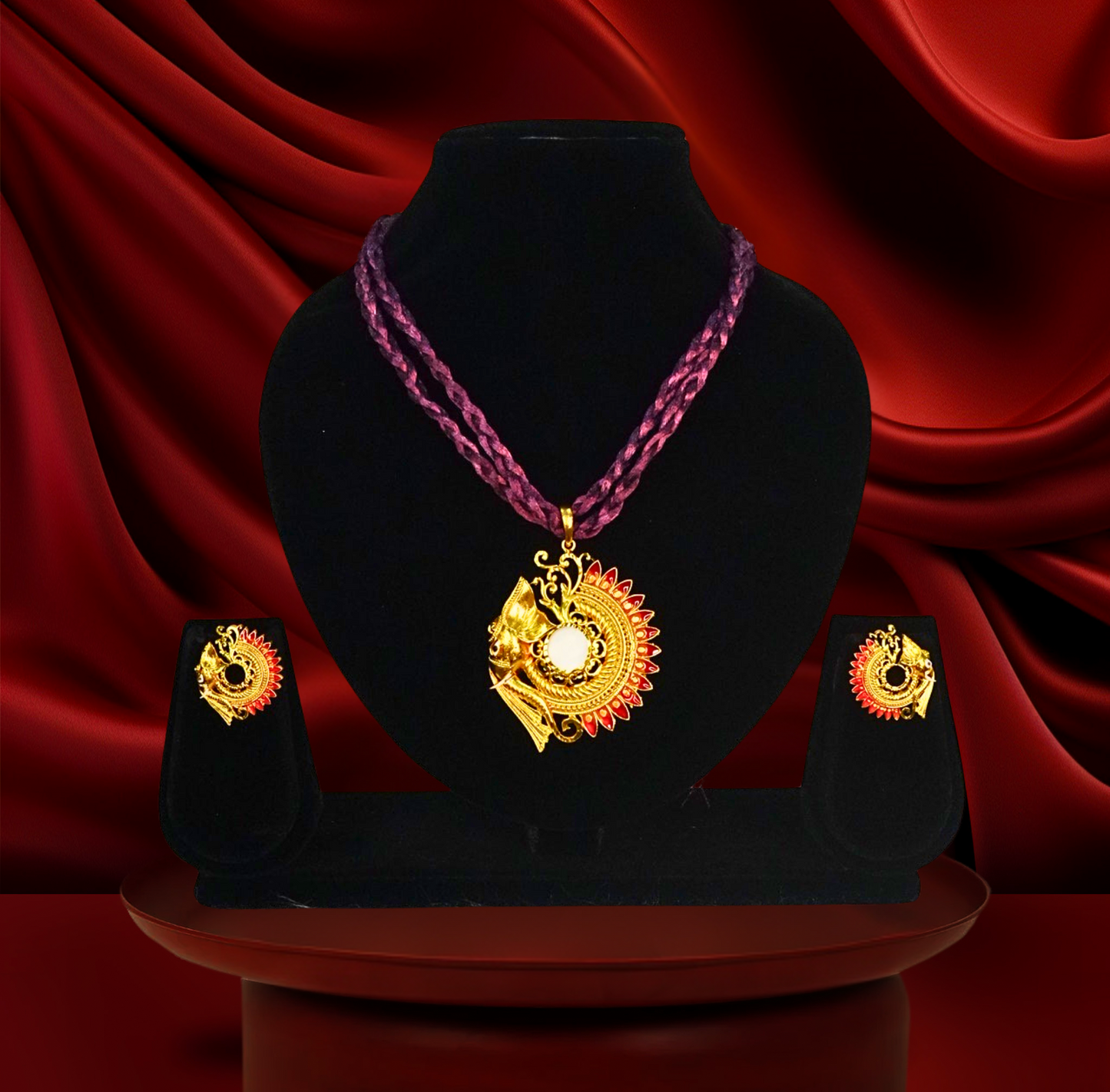 24K Gold-Plated Red Meenakari Lord Ganesha motif Pendant Set – Elegant Designer Jewellery