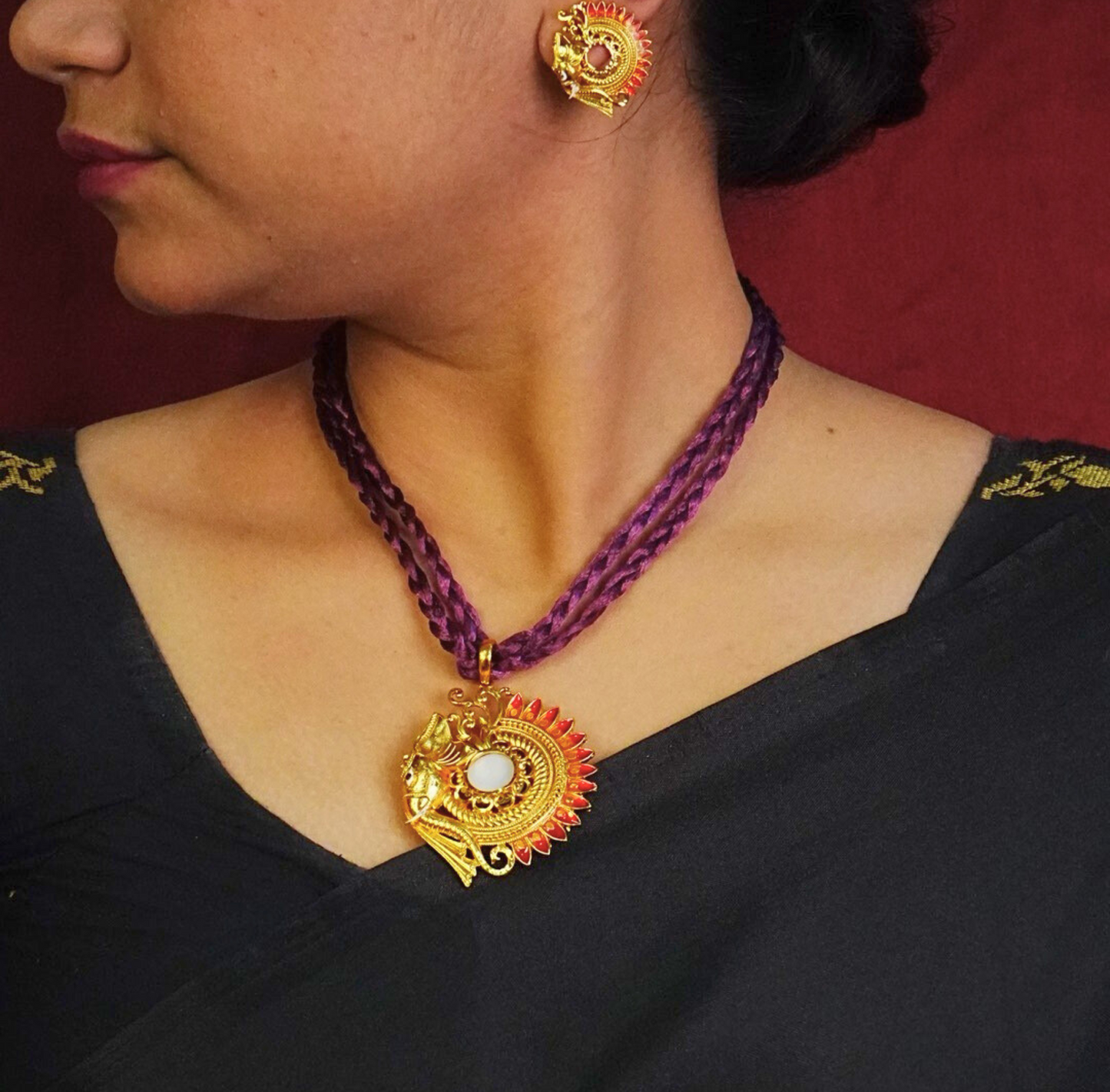24K Gold-Plated Red Meenakari Lord Ganesha motif Pendant Set – Elegant Designer Jewellery