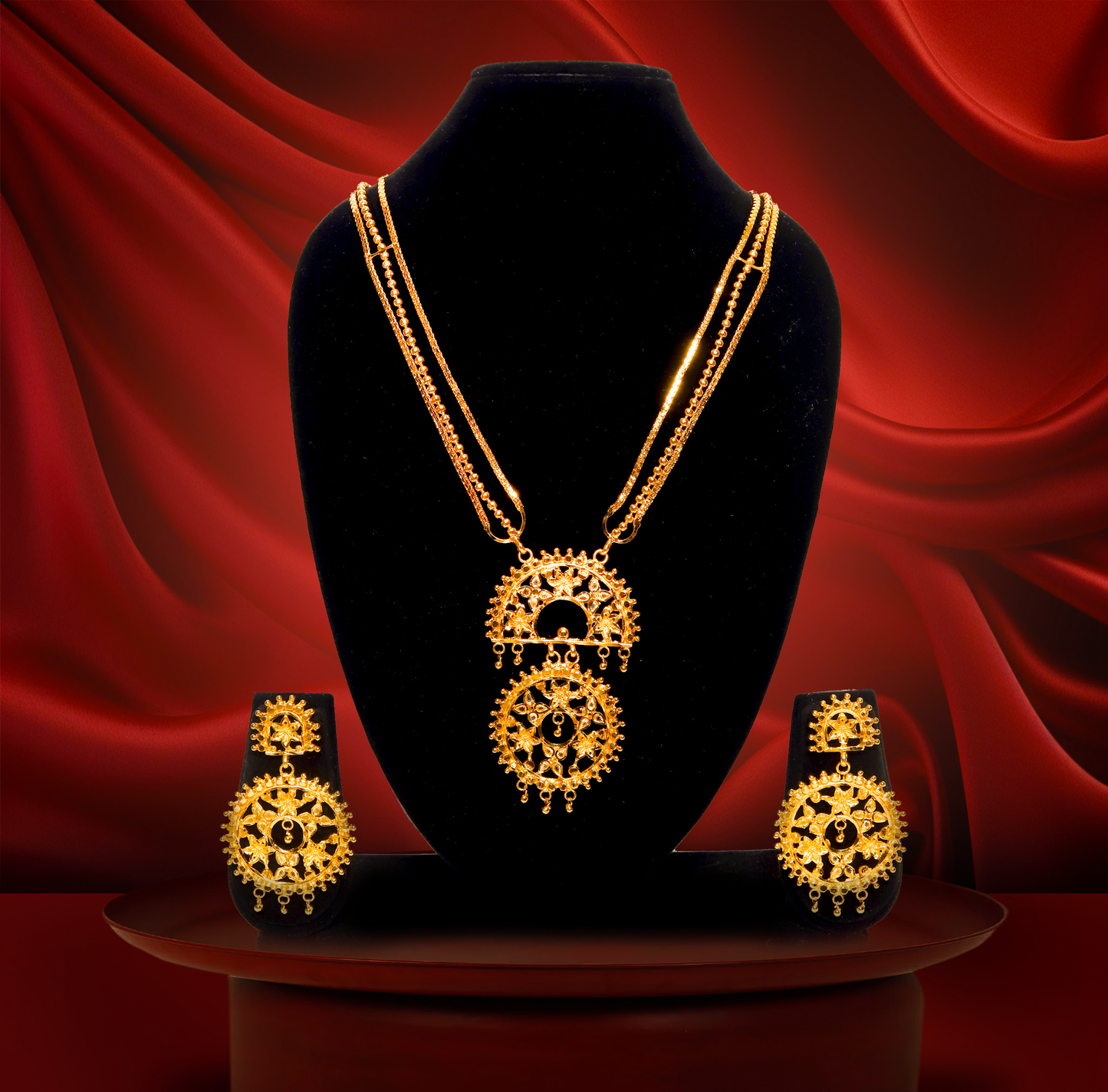24K Gold-Plated Traditional Bengali Bridal Double Layered Pendant Haar Set