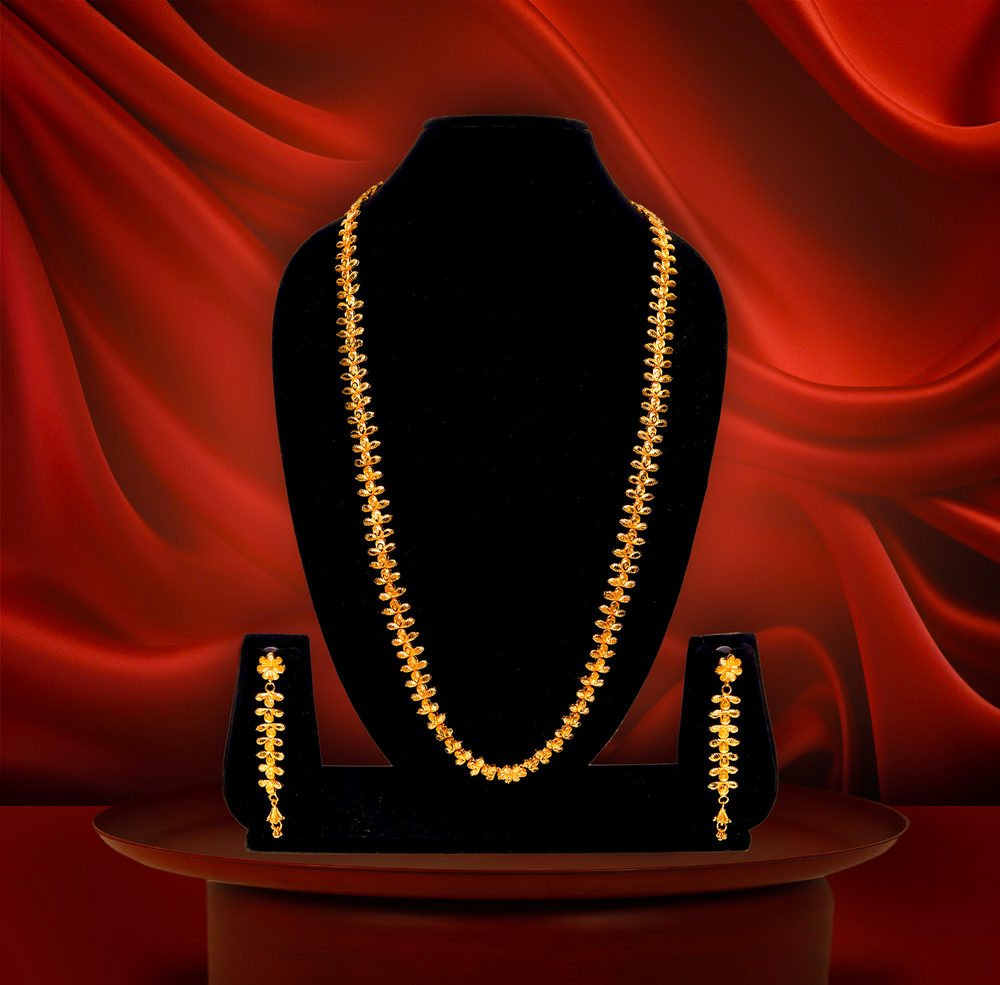 24K Gold-Plated Leaf Motif Long U Haar Set – Necklace & Earrings