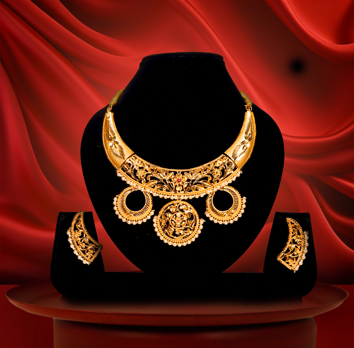 Elegant Floral Hasuli Design – 24K Gold Plated Necklace with AD and Moti Accents