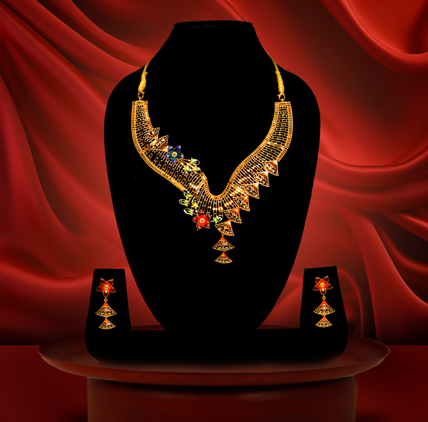 24K Gold-Plated Bridal Meena Work Floral Necklace Set