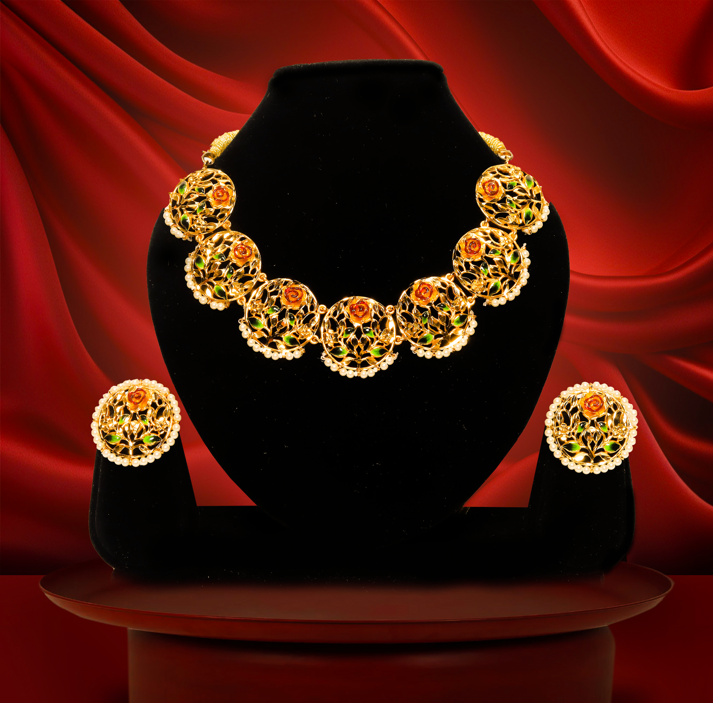 24K Gold-Plated Meena Work Floral Round Pearl Bordered Necklace Set
