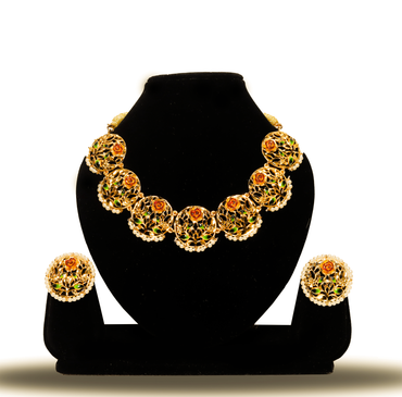 24K Gold-Plated Meena Work Floral Round Pearl Bordered Necklace Set