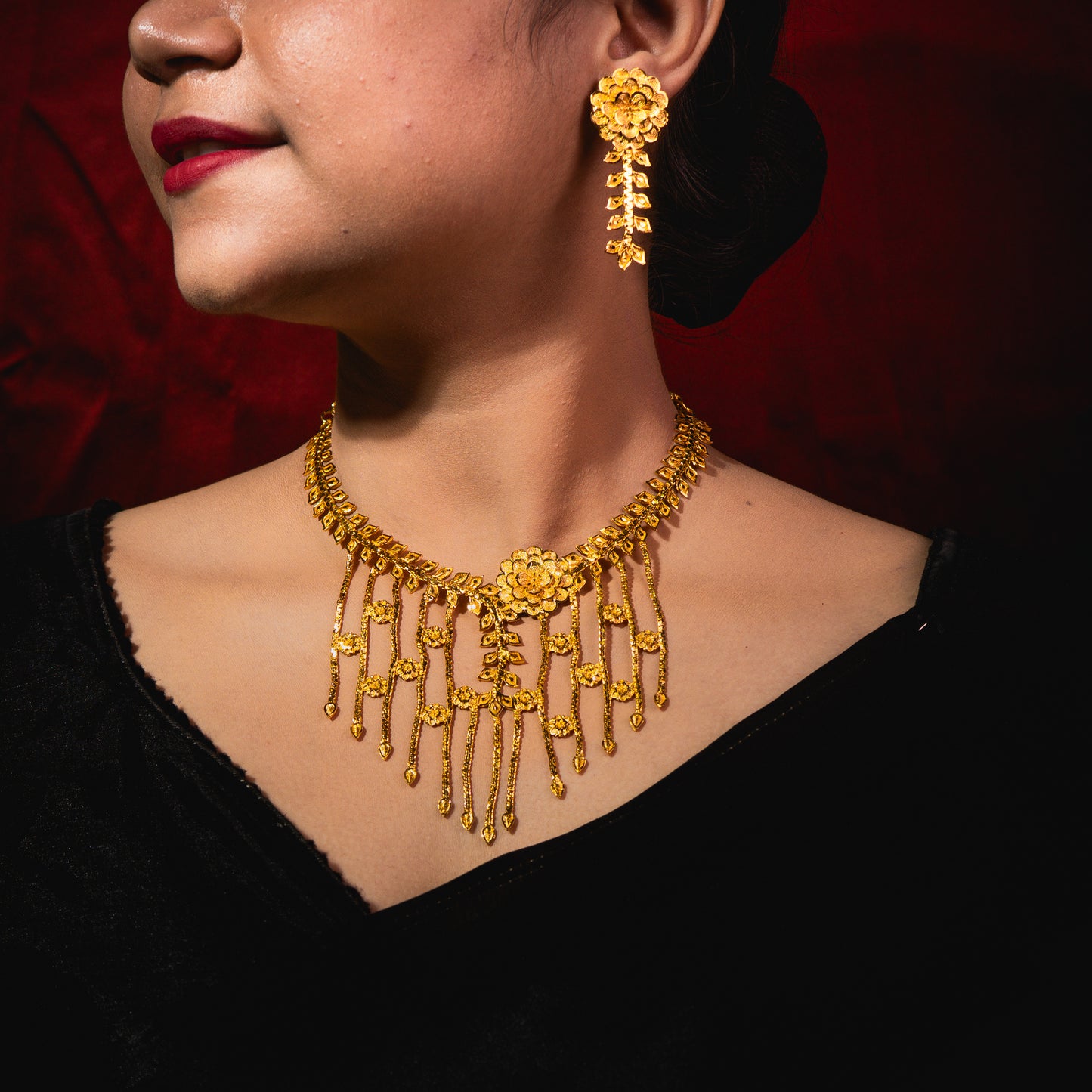 24K Gold-Plated Floral Jhalor Necklace Set