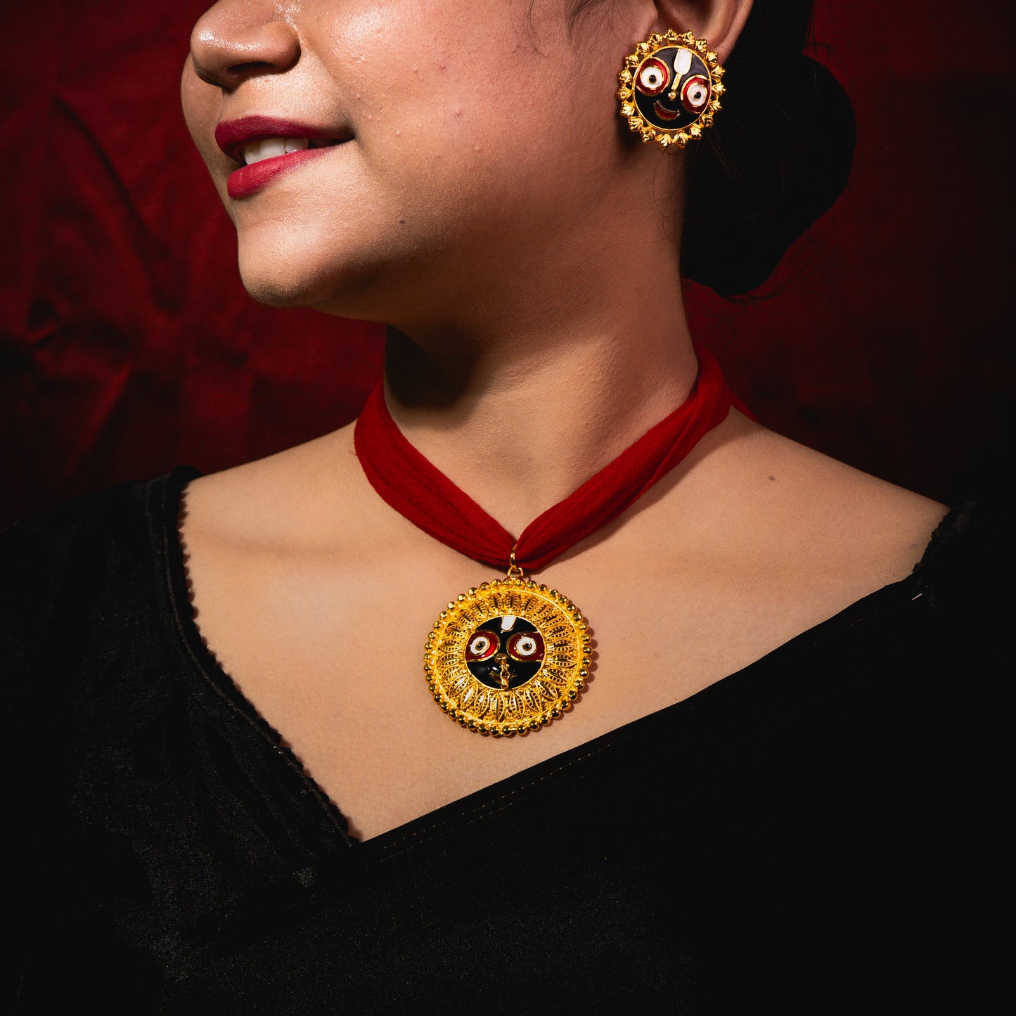 24K Gold-Plated Jagannath Meena Pendant Set with Earrings – Traditional Temple Jewellery
