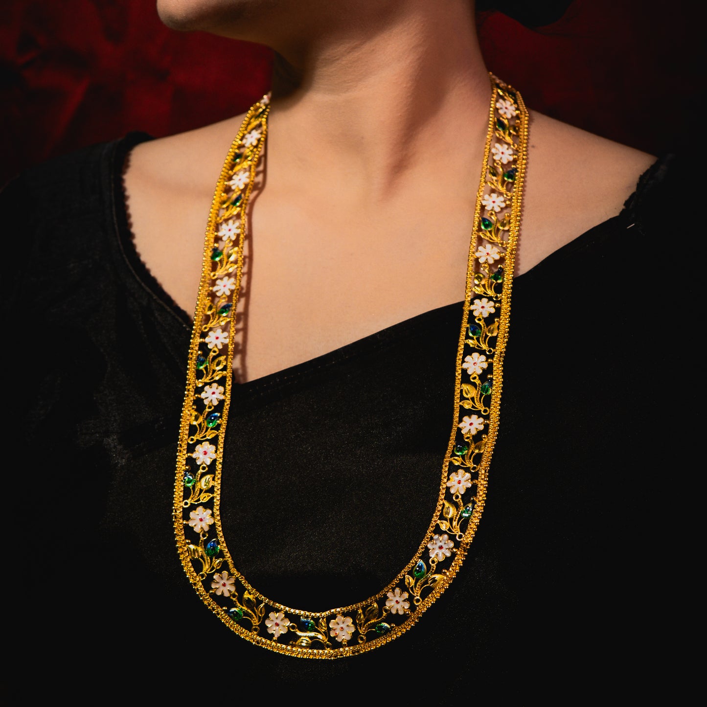 Floral Meenakari U pattern long Set – 24K Gold-Plated Long set with Earrings