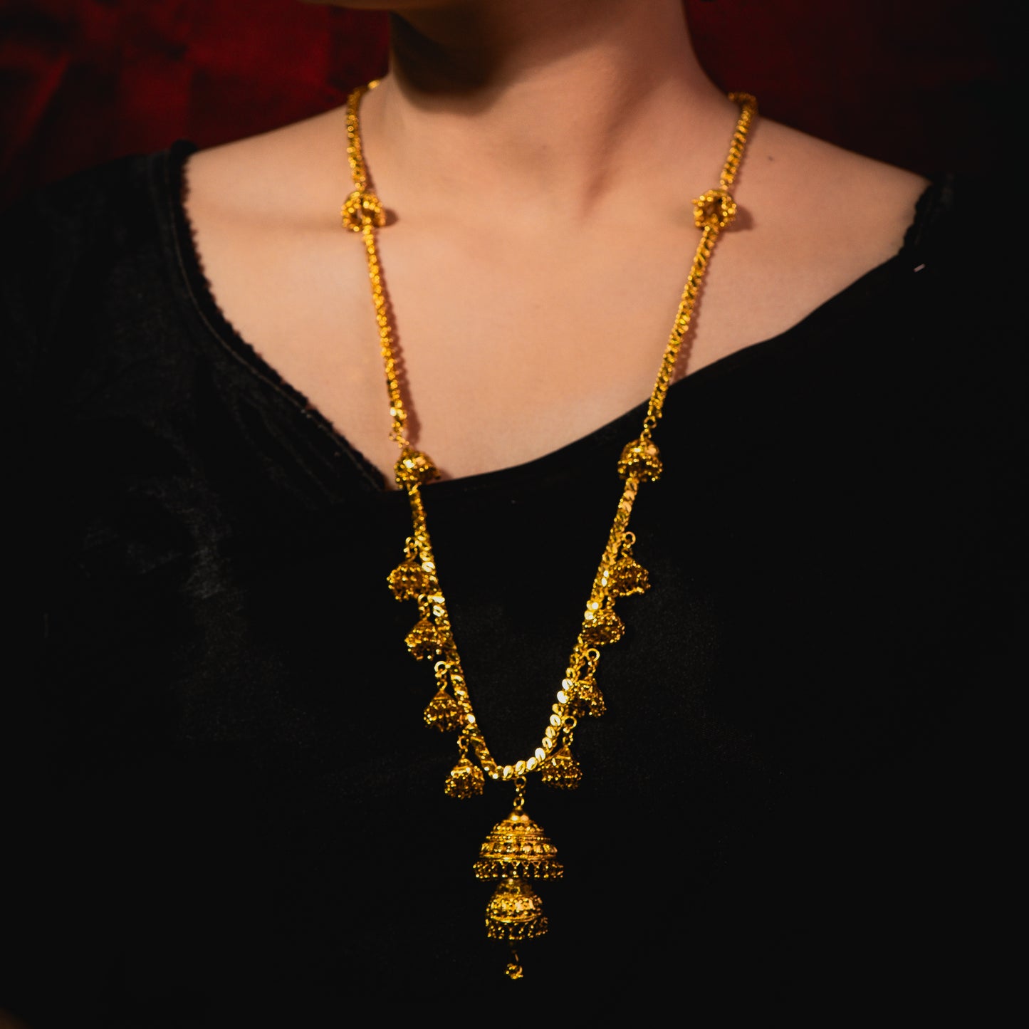Long Mop Chain Necklace with Jhumka Drop – Trendy 24K Gold Plated Design