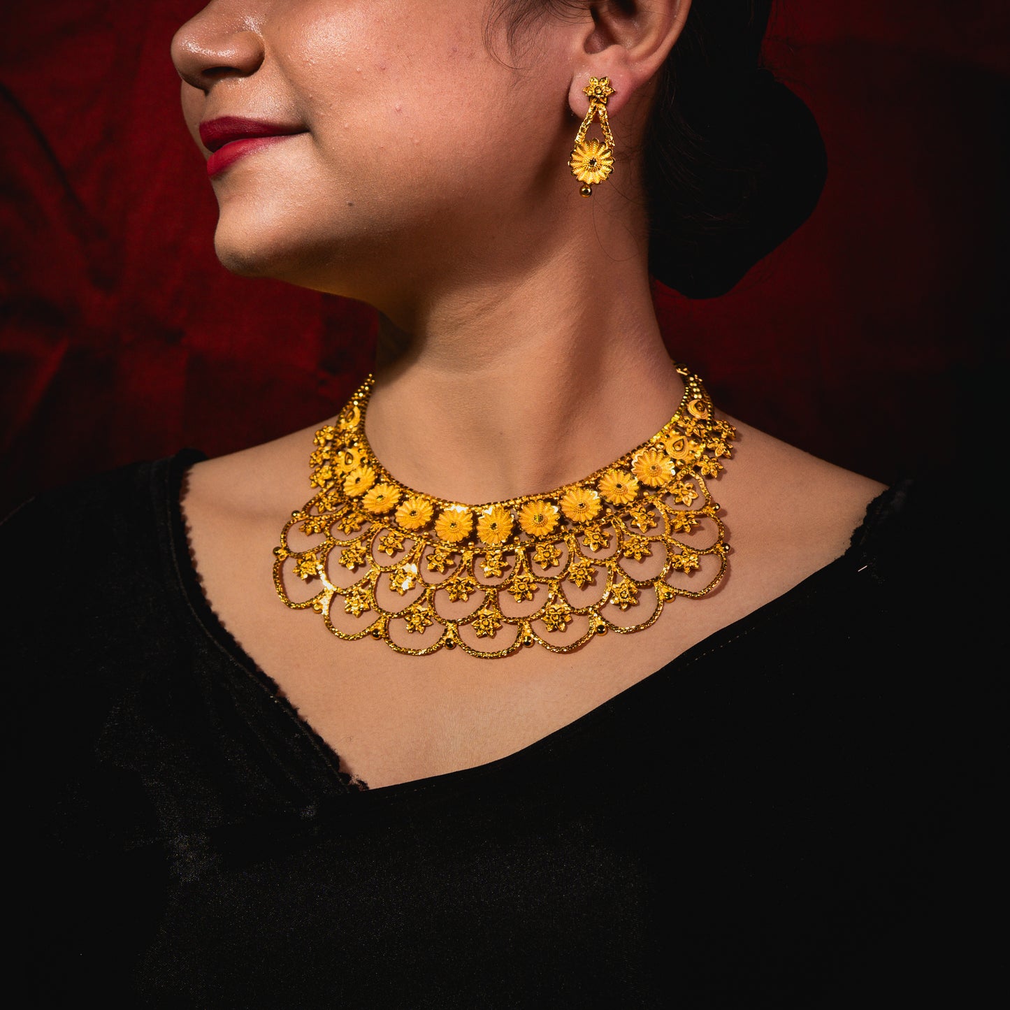 24K Gold-Plated Bridal Chatai Design Floral Necklace Set