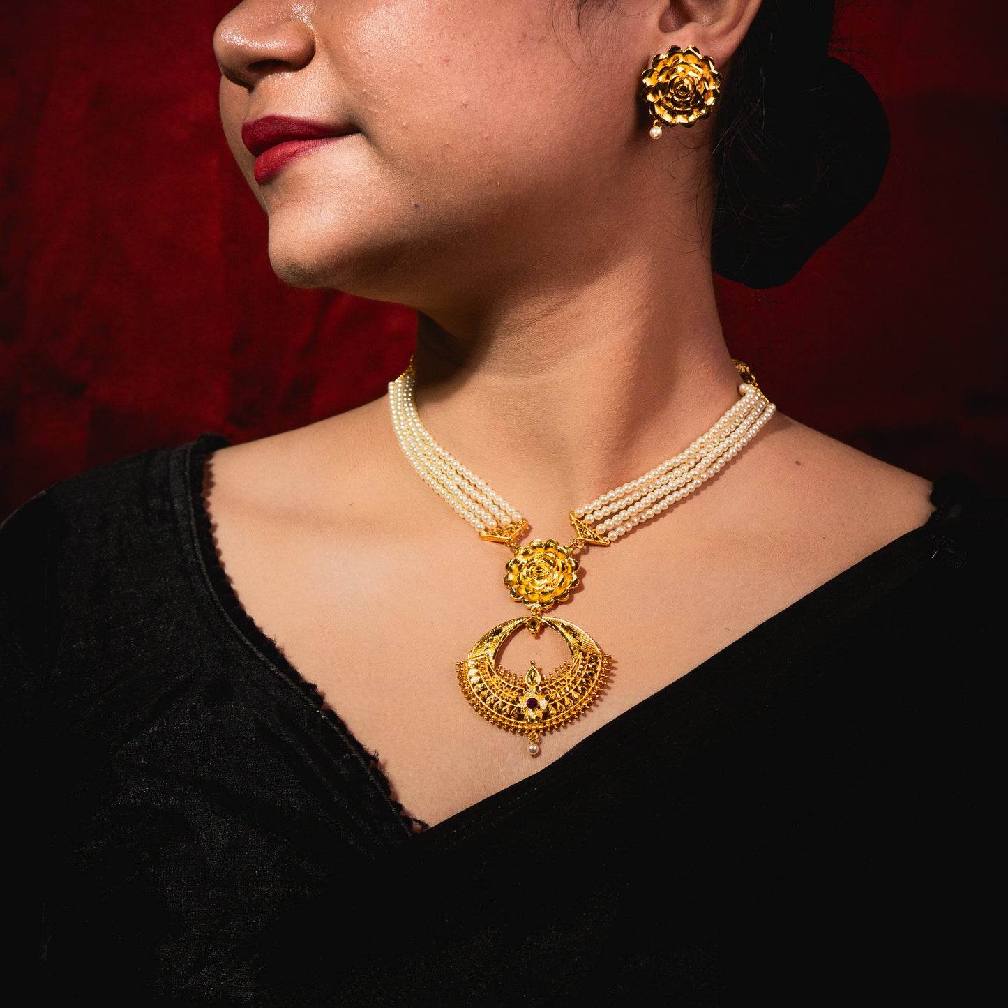 Floral Chandbali Pendant pearl Necklace Set – 24K Gold-Plated with Earrings