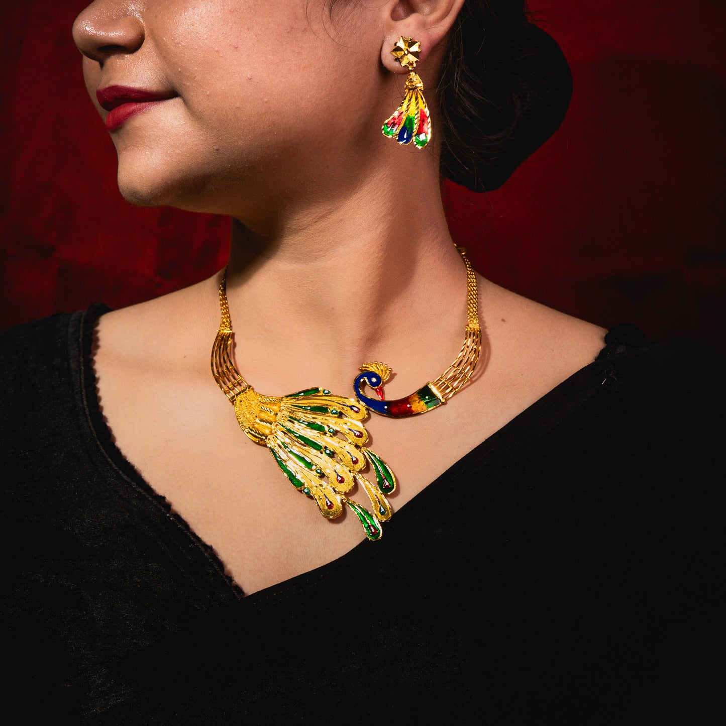 24K Gold-Plated Meenakari Peacock Necklace Set with Earrings