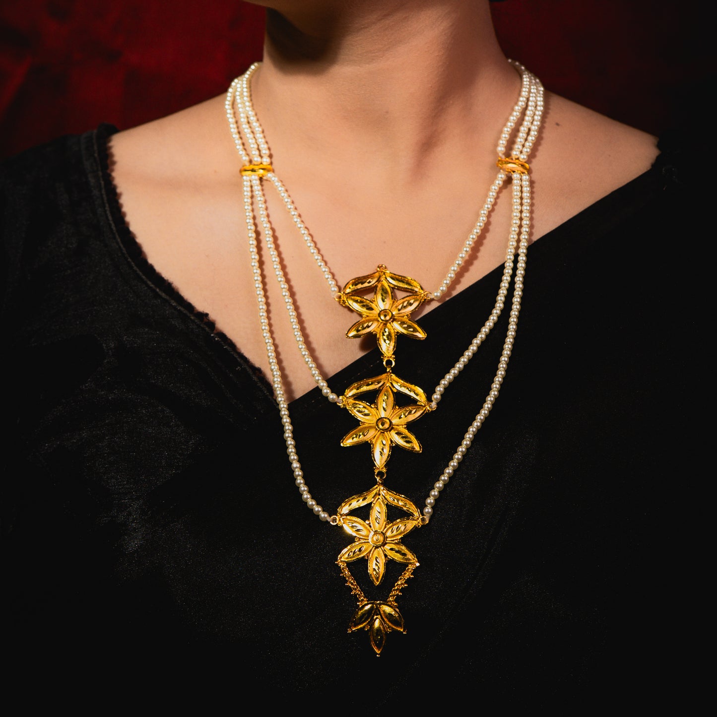 Gold Plated Rani Haar Necklace Set with Earrings -Multi Layer pearl Long Necklace For Bridal & Wedding Wear
