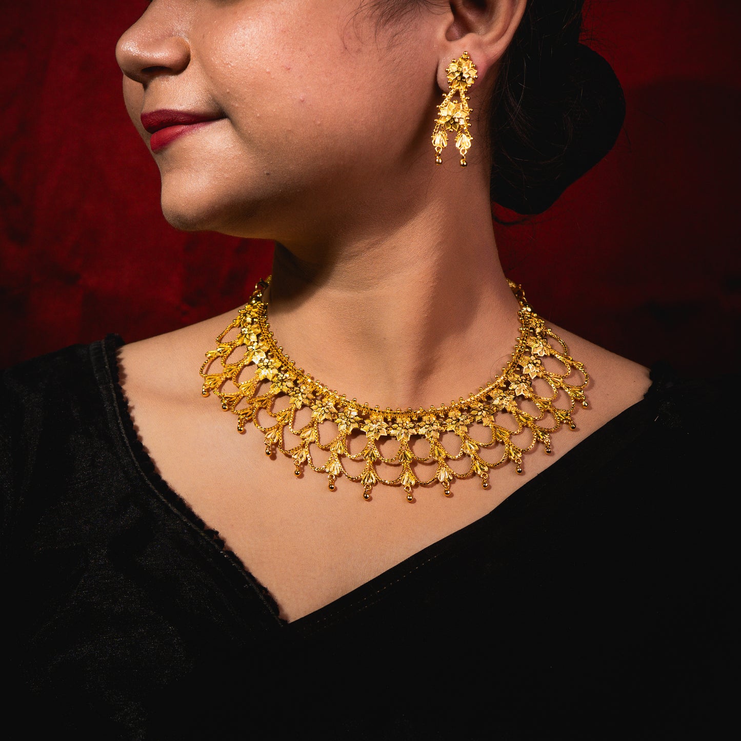 Floral Chatai Necklace Set – 24K Gold-Plated Bridal Choker with Earrings