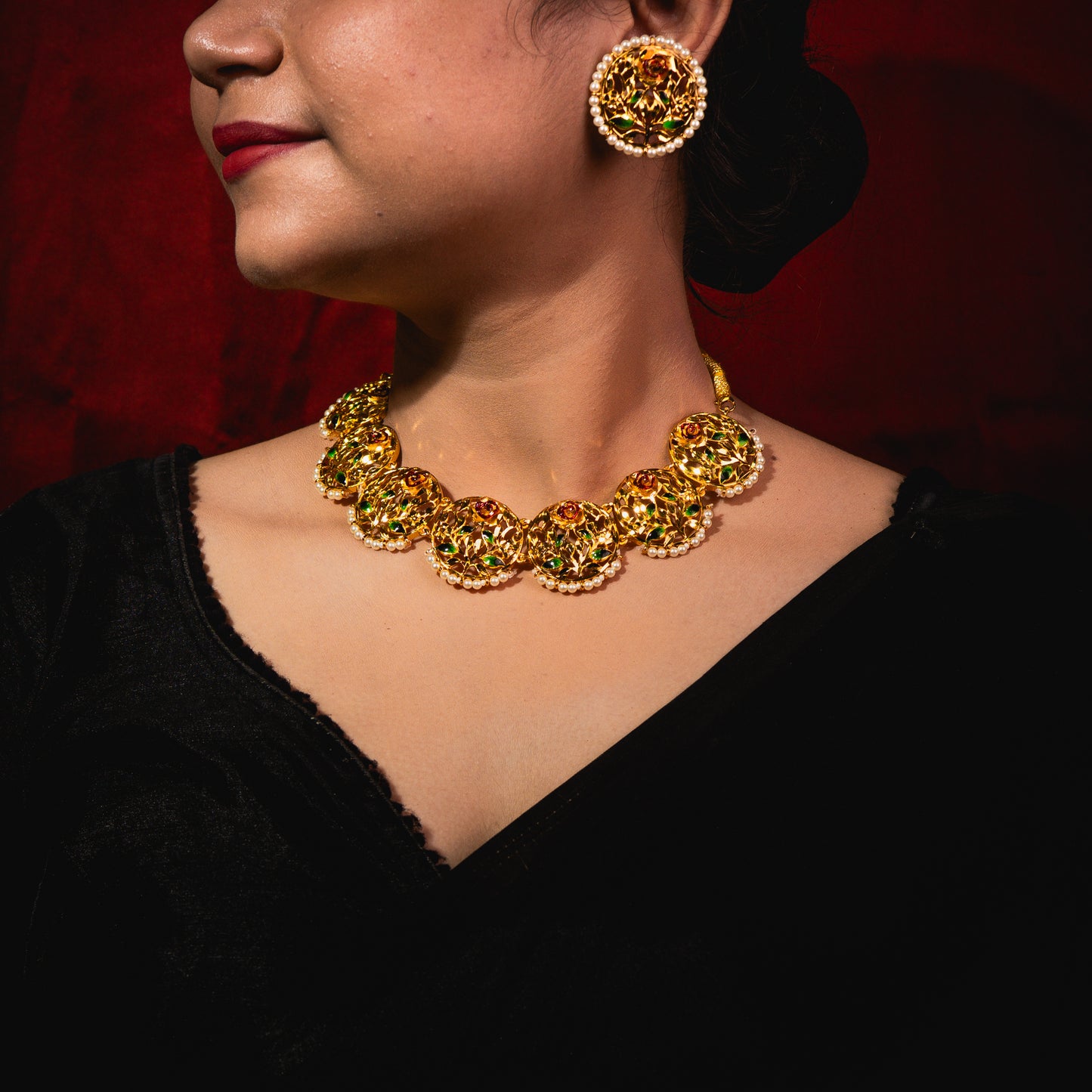 24K Gold-Plated Meena Work Floral Round Pearl Bordered Necklace Set