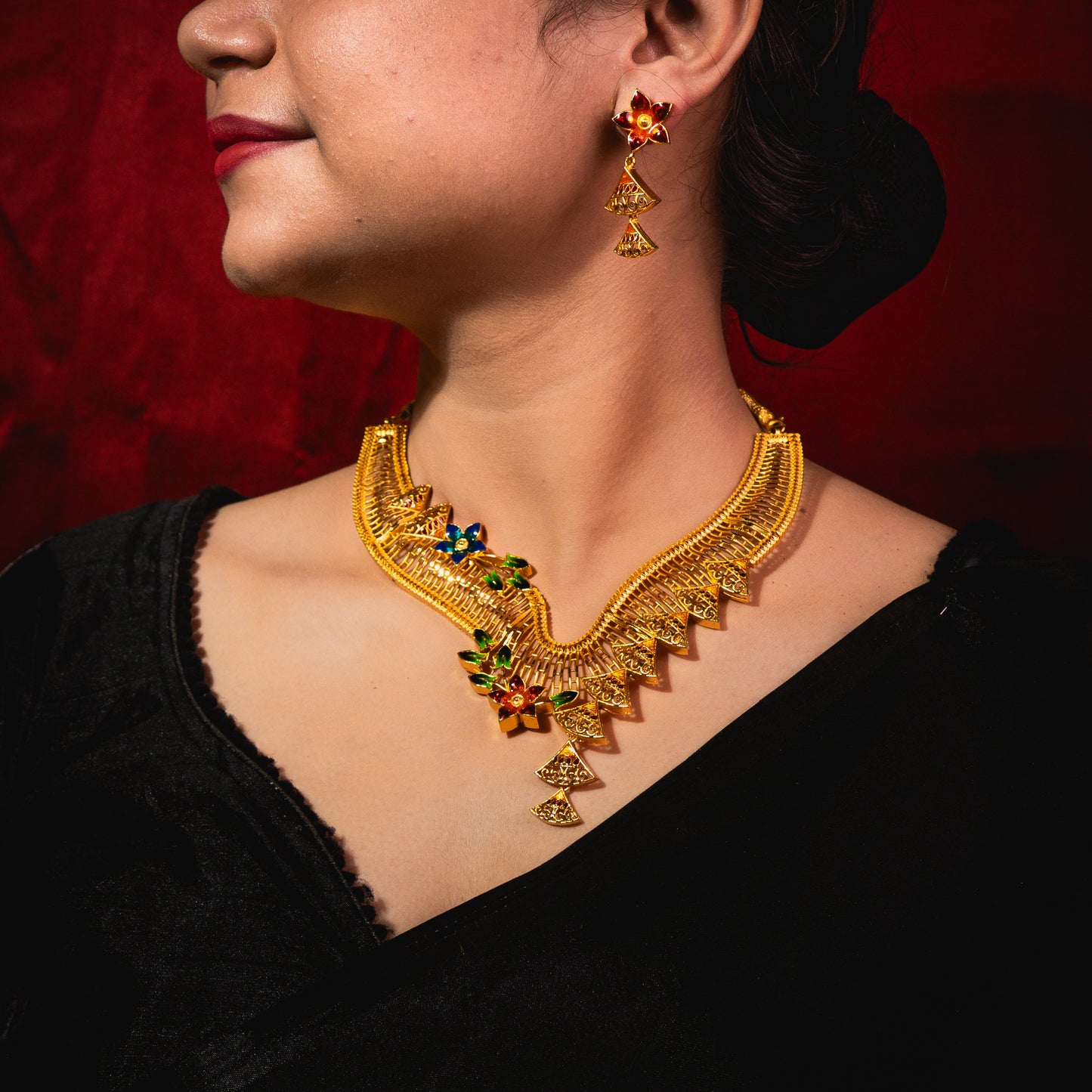 24K Gold-Plated Bridal Meena Work Floral Necklace Set