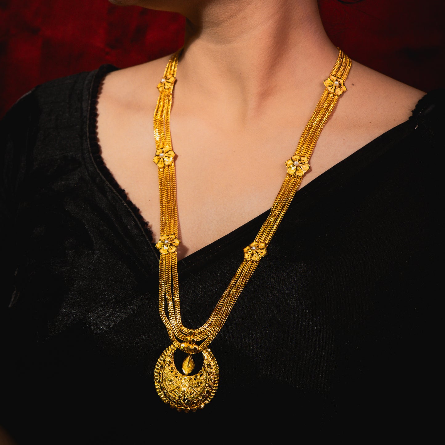 24K Gold-Plated Floral Layered Long Sitahar Set – Crescent Moon Pendant Design