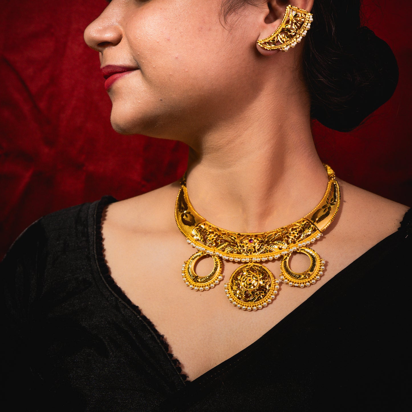 Elegant Floral Hasuli Design – 24K Gold Plated Necklace with AD and Moti Accents