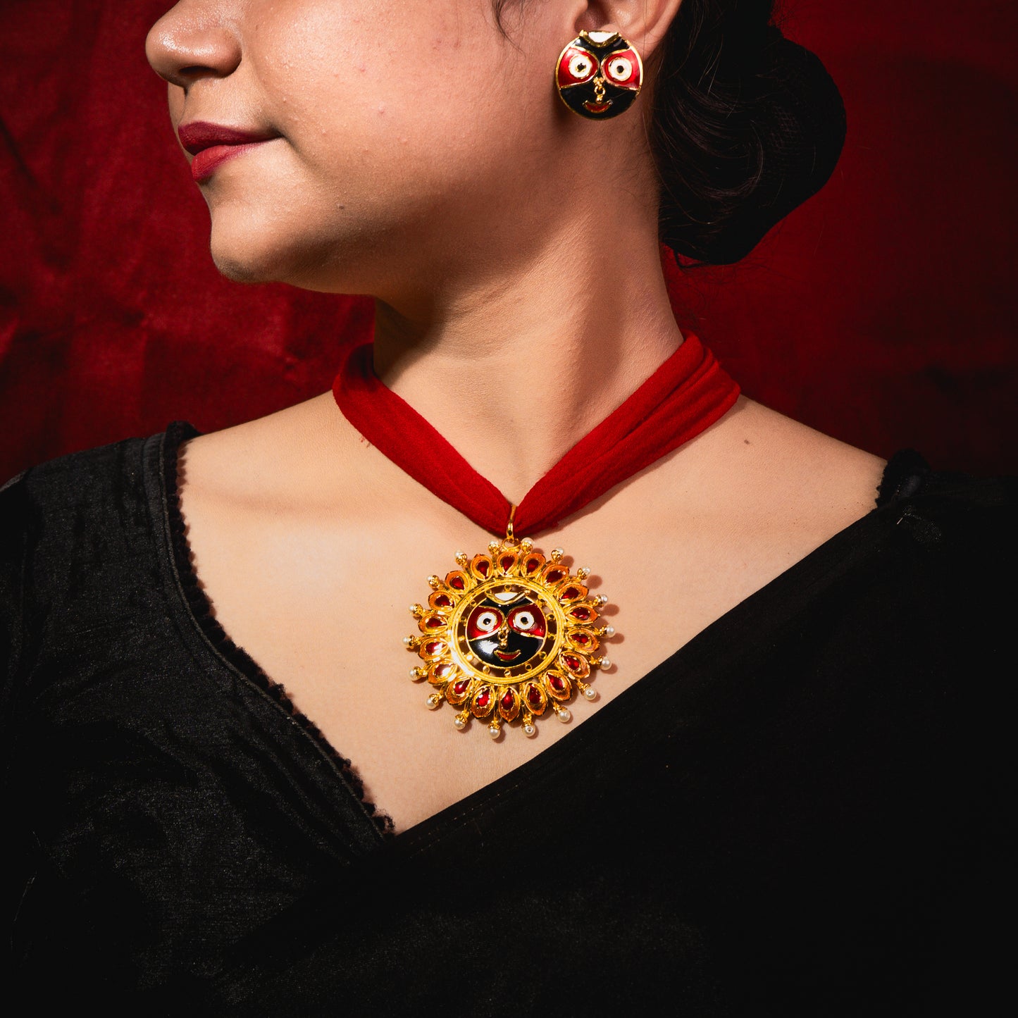 24K Gold-Plated Lord Jagannath Sun Motif pendant Set with pearl fusion