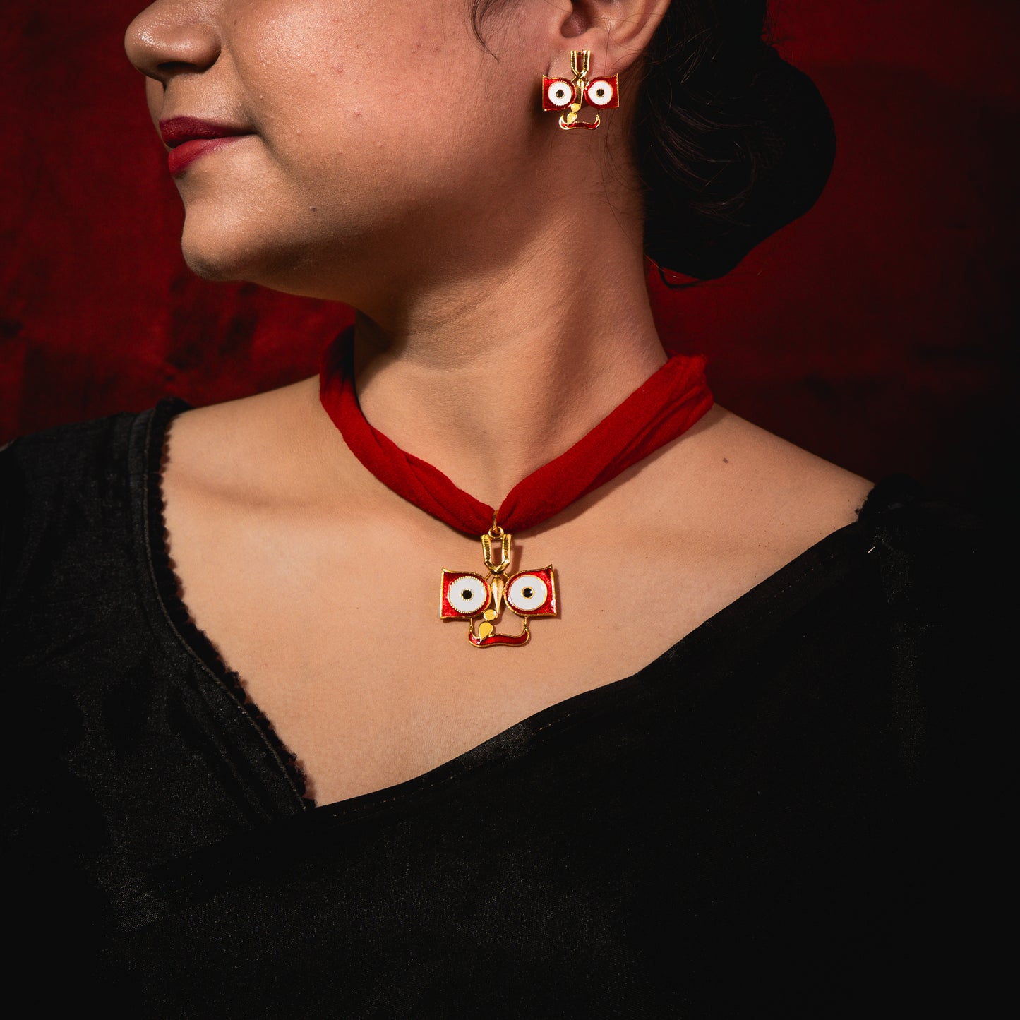 24K Gold-Plated Lord Jagannath Face Pendant Set with Earrings